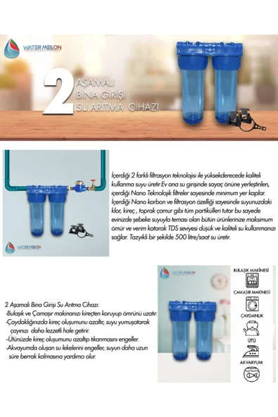 WaterMelon  Daire Bina Sayaç Girişi 2 Aşama Su Arıtma Cihazı ( Pas , Koku , Klor Önleyici Yumuşatma Sistemi ) - Resim 5