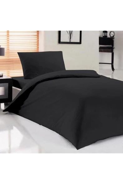 Siyah Ranforce Lastik Çarşaflı %100 Pamuklu Tek Kişilik Nevresim Takım 100x200