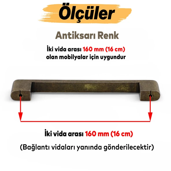Uhud Kulp 160 mm Antik Sarı Metal Mutfak Mobilya Çekmece Mutfak Dolap Dolabı Kulpları Kapak Kulbu - 3