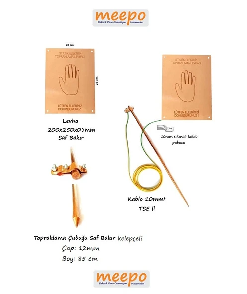 Meepo Statik Elektrik Topraklama Levha Seti 5 Mt kablo, 85cm Çubuk