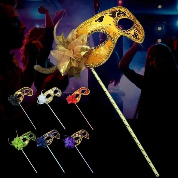 Lüks Taşlı Saplı Maskeli Balo Maskesi Altın Renk 35 Cm - 3