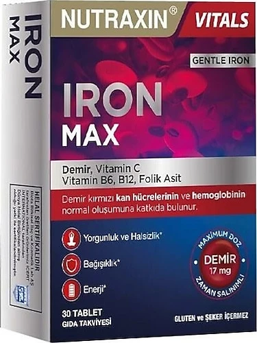 Nutraxin Iron Max Demir Vitamin C B6 B12 Folik Asit 30 Tablet