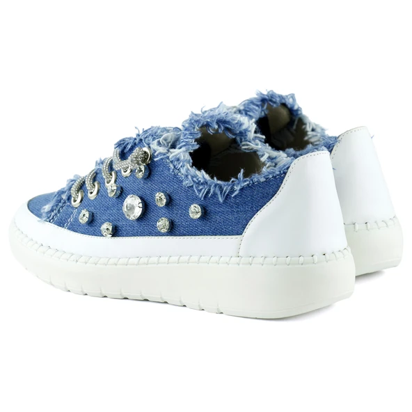 Erkan Saçmacı Valentina Mavi Denim Kristal Taşlı Gümüş Bağcıklı Sneaker - 4