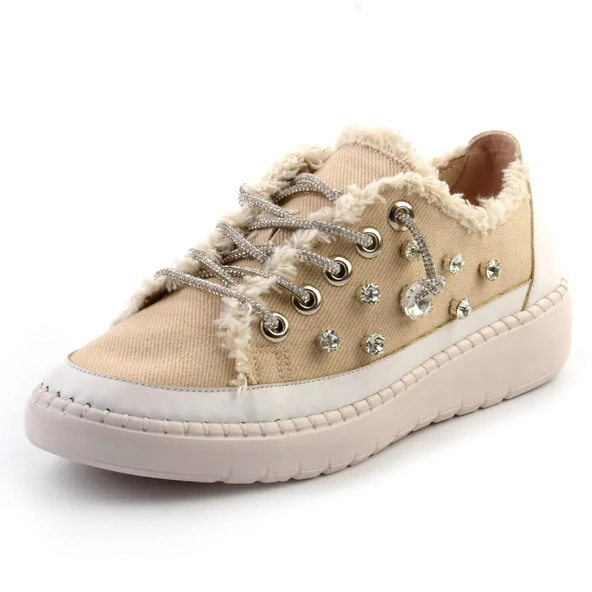 Erkan Saçmacı Valentina Bej Denim Kristal Taşlı Gümüş Bağcıklı Sneaker