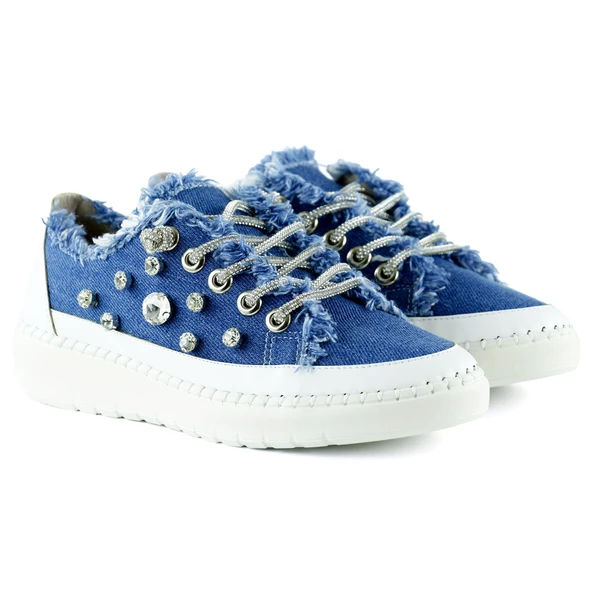 Erkan Saçmacı Valentina Mavi Denim Kristal Taşlı Gümüş Bağcıklı Sneaker - 3