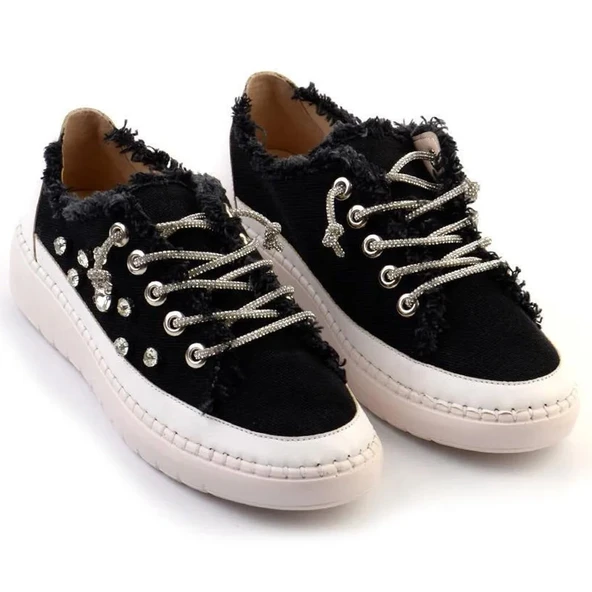 Erkan Saçmacı Valentina Siyah Denim Kristal Taşlı Gümüş Bağcıklı Sneaker - 3