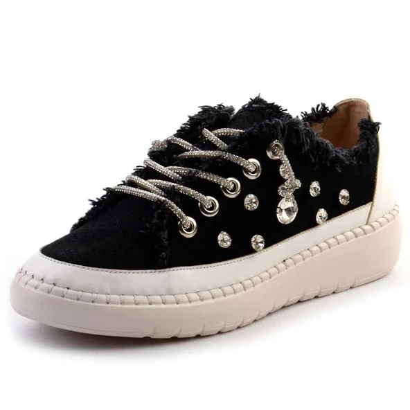 Erkan Saçmacı Valentina Siyah Denim Kristal Taşlı Gümüş Bağcıklı Sneaker