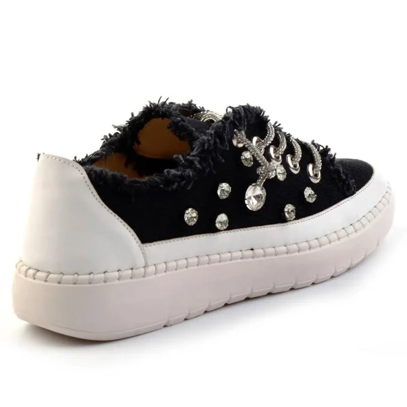 Erkan Saçmacı Valentina Siyah Denim Kristal Taşlı Gümüş Bağcıklı Sneaker - 4