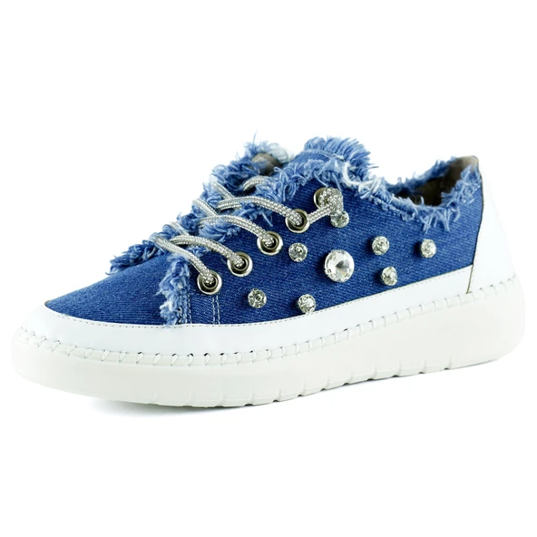 Erkan Saçmacı Valentina Mavi Denim Kristal Taşlı Gümüş Bağcıklı Sneaker