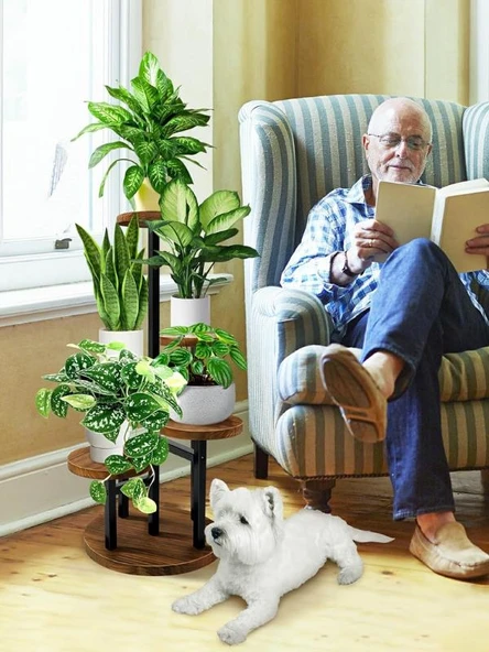 Çiçeklik 5 Raflı Saksılık Dekoratif 5 Raflı Çiçeklik Metal Doğal Ahşap Saksılık Çiçek Rafı Daire Model - 4