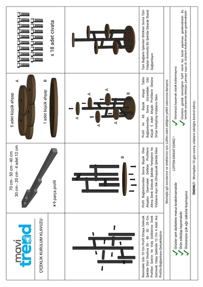 Çiçeklik 5 Raflı Saksılık Dekoratif 5 Raflı Çiçeklik Metal Doğal Ahşap Saksılık Çiçek Rafı Daire Model - 7