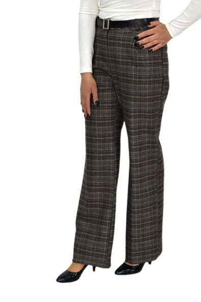 Kadın Ekose Pileli Bol Kumaş Pantolon BGL-ST04233 - Resim 3