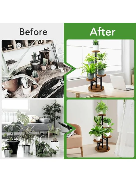 Çiçeklik 5 Raflı Saksılık Dekoratif 5 Raflı Çiçeklik Metal Doğal Ahşap Saksılık Çiçek Rafı Daire Model - 3