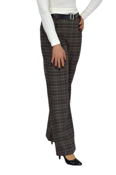 Kadın Ekose Pileli Bol Kumaş Pantolon BGL-ST04233 - Resim 12