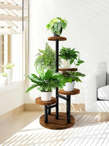 Çiçeklik 5 Raflı Saksılık Dekoratif 5 Raflı Çiçeklik Metal Doğal Ahşap Saksılık Çiçek Rafı Daire Model - 5