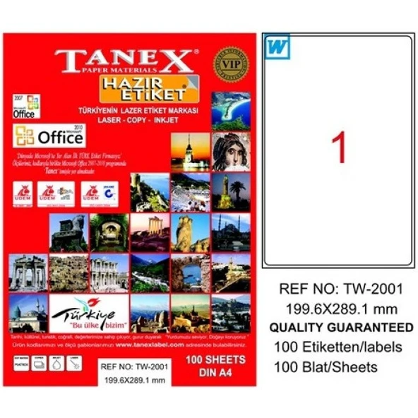 Tanex TW-2001 Laser Etiket 199,6x289,1 mm 100 Ad.