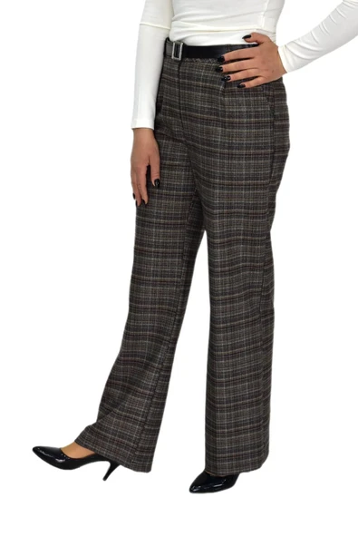 Kadın Ekose Pileli Bol Kumaş Pantolon BGL-ST04233 - Resim 7