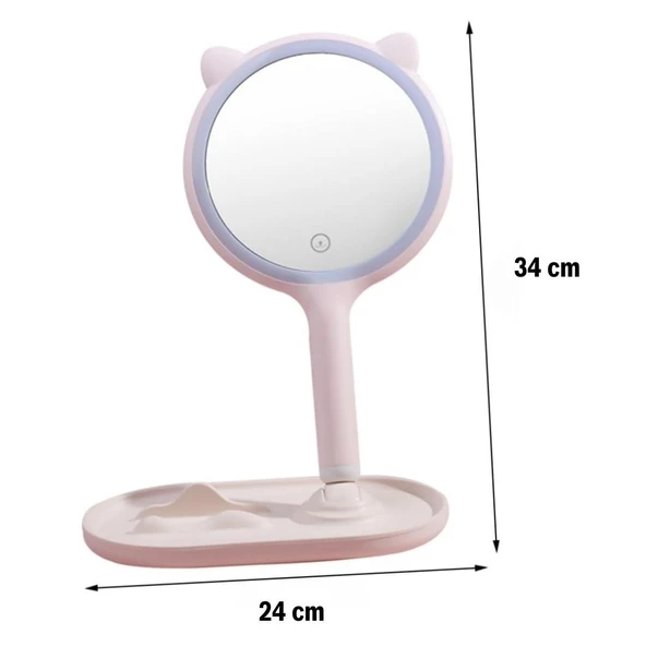 Kedi Kulaklı Telefon Standlı Yuvarlak Dokunmatik Led Ayarlı Masa Üstü Makyaj Aynası - 3