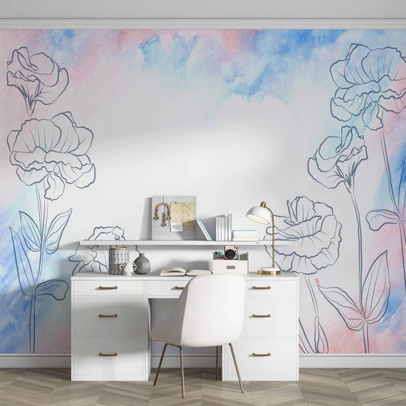 Mavi Pembe Soft Suluboya Çiçek Duvar Kağıdı - Resim 4