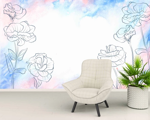 Mavi Pembe Soft Suluboya Çiçek Duvar Kağıdı - Resim 6