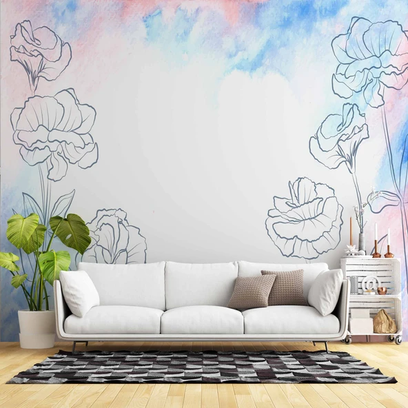 Mavi Pembe Soft Suluboya Çiçek Duvar Kağıdı ürün görseli