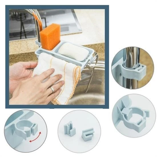 Musluğa Takılan Sünger Havlu Askılı Sabun Hazneli mutfak Banyo Lavabo Düzenleyici Organizer - 3