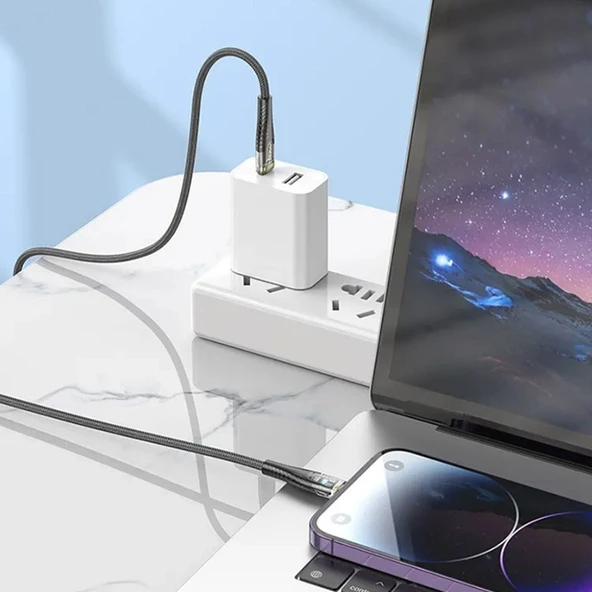 Led Işık Uçlu Sağlam İp Kablolu USB to Lightning Hızlı Şarj Kablosu - 3