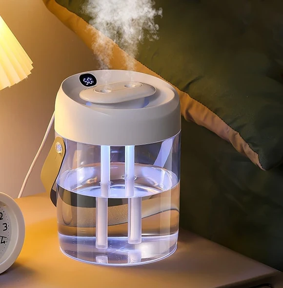 QASUL 2L Çift Sprey Dijital Göstergeli Hava Nemlendirici İle Uçucu Yağ Difrözü Ve USB Gece Lambası