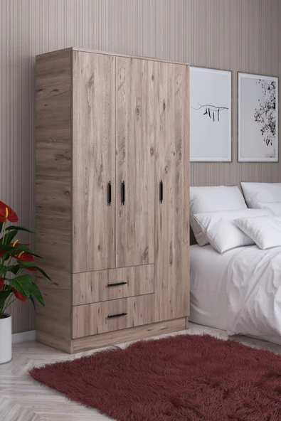 ABETE  3 Kapılı 2 Çekmeceli Gardırop(Elbise Dolabı-Yüklük) / Atlantik Çam