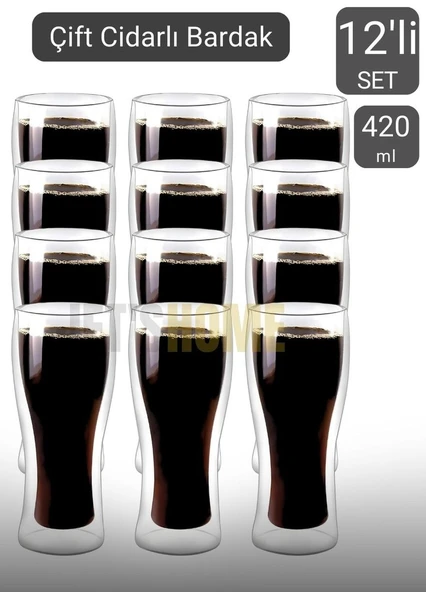 12’li Set Bira Bardağı Kahve Bardağı Çift Cidarlı Bardak Meşrubat Bardağı 420 ml - 2