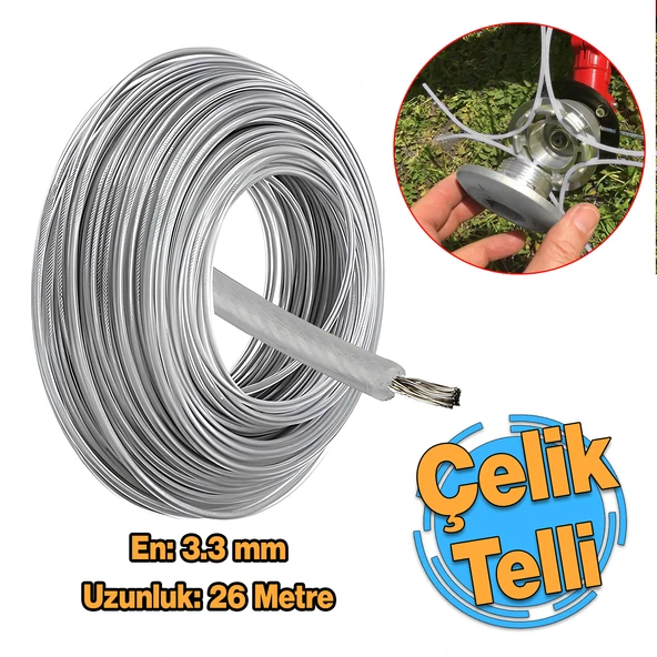 Çelik Telli Motorlu Tırpan Yuvarlak Misina 3.3 mm 26 Metre Çim Ot Biçme Teli Güçlü Profesyonel