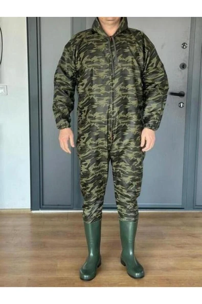 AHSEN EXPORT  kAMUFLAJ DESEN PVC Su Geçirmez Kapuşonlu, Çizmeli Boy Tulum