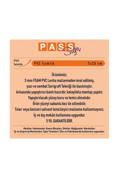 PASS  Mavitasarım Pvc Kapı Isimliği Teknik Servis 7x25 Cm - 3