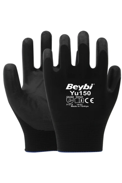 Beybi  Pu Touch Polyester Örgü Kaplı Siyah Montaj Eldiveni No:7