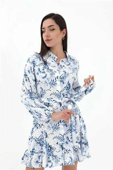 Eteği Volanlı Viskon Elbise - Mavi ürün görseli 1