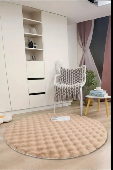 Bubble Yuvarlak Açık Bej Uzun Tüylü Yumuşak Peluş Kaymaz Yıkanabilir Salon Oturma Odası Balkon Halı