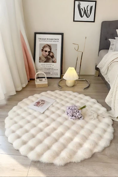 Bubble Yuvarlak Krem Uzun Tüylü Yumuşak Peluş Kaymaz Yıkanabilir Salon Oturma Odası Balkon Halısı - 1