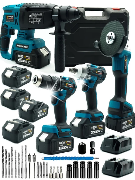 Germany Style 4 Akülü Kömürsüz Motor Matkap-Hilti-Taşlama-Bijon Sökme 4'Lü Set Uç Takımlı Usta Seti - 3