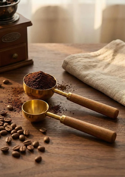 Ahşap Saplı Gold Ölçü Kaşığı Takımı - 2'li Kahve Ölçüm Kaşığı - 30 + 60 ML ürün görseli
