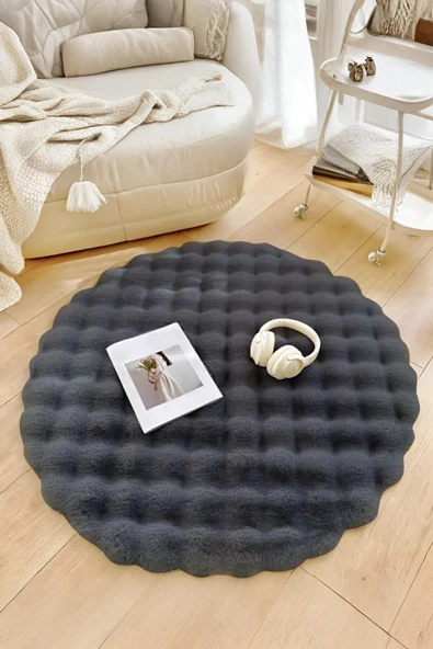Bubble Yuvarlak Antrasit Uzun Tüylü Yumuşak Peluş Kaymaz Yıkanabilir Salon Oturma Odası Balkon Halısı ürün görseli 1
