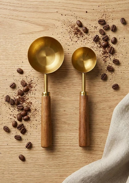 Ahşap Saplı Gold Ölçü Kaşığı Takımı - 2'li Kahve Ölçüm Kaşığı - 30 + 60 ML - Resim 2