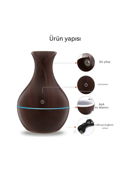QASUL Ahşap Vazo Görünümlü7 Led Işıklı Aromatik Oda Kokusu Hava Nemlendirici - 3