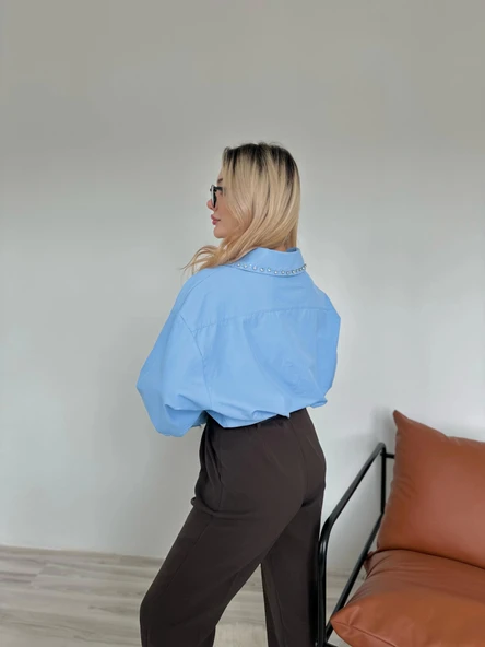 Kadın Taş Detaylı Poplin Gömlek Mavi - 4