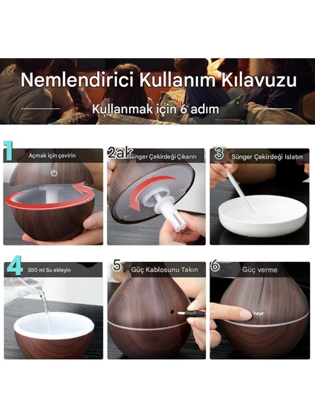 QASUL Ahşap Vazo Görünümlü7 Led Işıklı Aromatik Oda Kokusu Hava Nemlendirici - 5