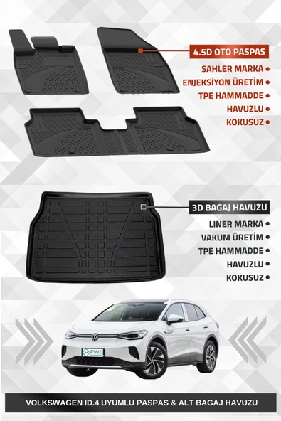 Sahler Volkswagen ID.4 2020+ Uyumlu 4.5d Premium Havuzlu Oto Paspas ve Liner Marka 3D ALT Bagaj Havuzu