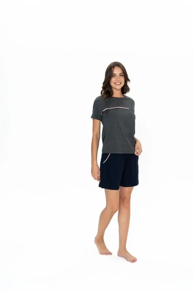 U.S. Polo Assn. Kadın Yuvarlak Yaka Alt Üst Çizgi Detay Pijama Şort Takım - 6