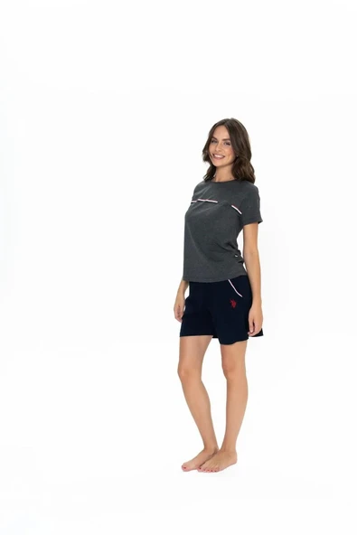 U.S. Polo Assn. Kadın Yuvarlak Yaka Alt Üst Çizgi Detay Pijama Şort Takım - 7