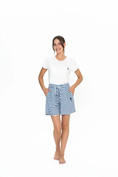 U.S. Polo Assn. Kadın Yuvarlak Yaka Alt Üst Bağcıklı Çizgili Pijama Şort Takım - 5