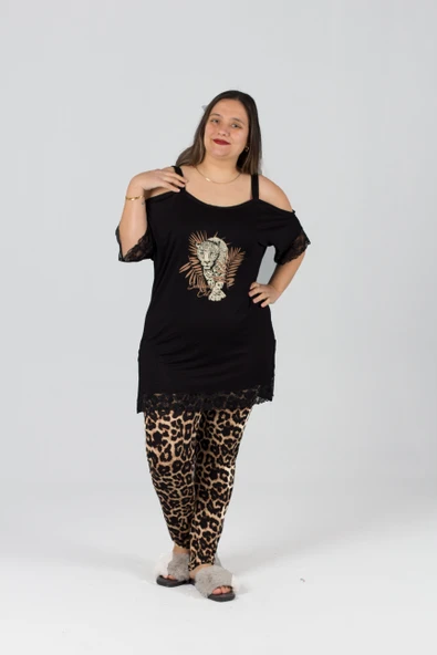 Büyük Beden Askılı Likralı Pijama Takım - 5