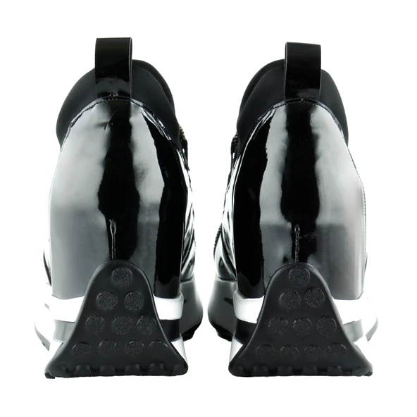 Erkan Saçmacı Mevira Plus Siyah Rugan Streç Gümüş Zincirli Gizli Dolgu Topuklu Günlük Ayakkabı - Resim 4